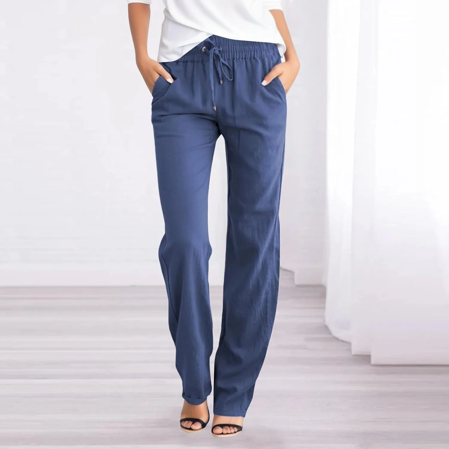 Women's Cotton Linen Summer Cropped Palazzo Pants High Waist Ankle Length Loose Fit Trousers Business Work