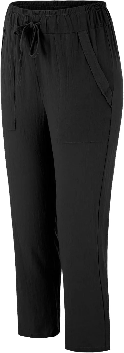 Women's Cotton Linen Summer Floral Palazzo Pants Elastic Waisted Bootcut Slim Fit Trousers Travel