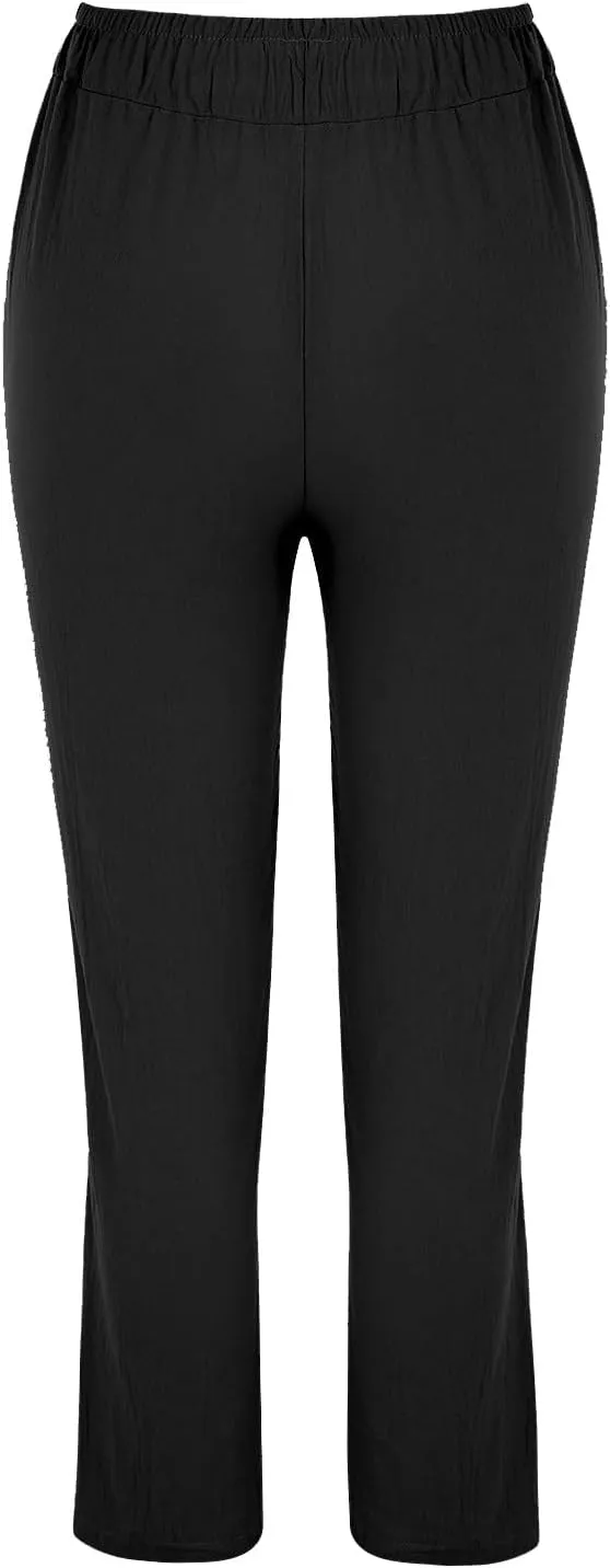 Women's Cotton Linen Summer Floral Palazzo Pants Elastic Waisted Bootcut Slim Fit Trousers Travel