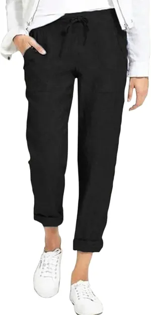 Women's Cotton Linen Summer Floral Palazzo Pants Elastic Waisted Bootcut Slim Fit Trousers Travel