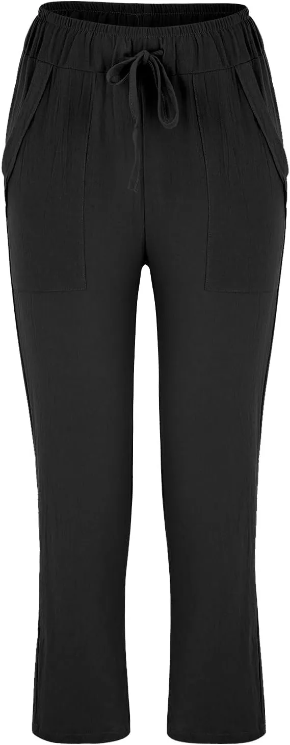 Women's Cotton Linen Summer Floral Palazzo Pants Elastic Waisted Bootcut Slim Fit Trousers Travel