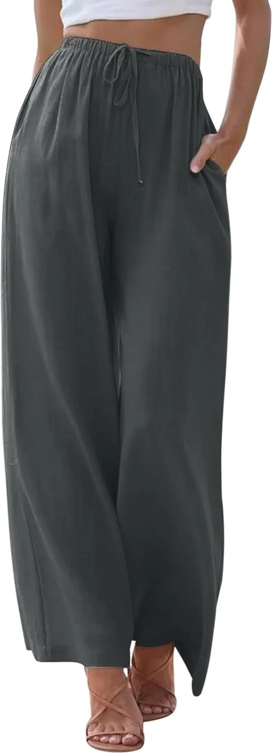 Womens Cotton Linen Wide Leg Pants Palazzo Flowy Pants Summer Elastic High Waist Beach Pants Comfy Pants with Pockets