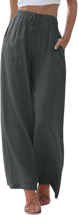 Womens Cotton Linen Wide Leg Pants Palazzo Flowy Pants Summer Elastic High Waist Beach Pants Comfy Pants with Pockets