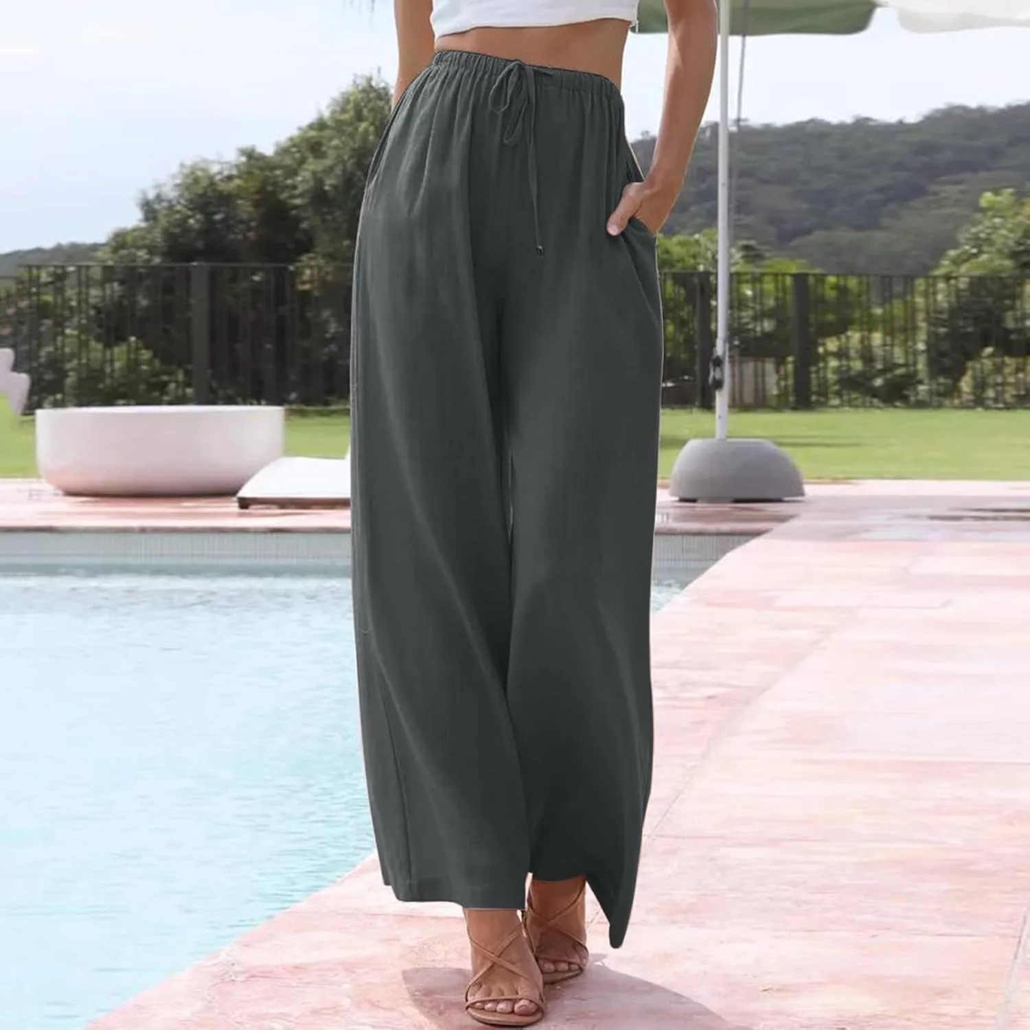 Womens Cotton Linen Wide Leg Pants Palazzo Flowy Pants Summer Elastic High Waist Beach Pants Comfy Pants with Pockets