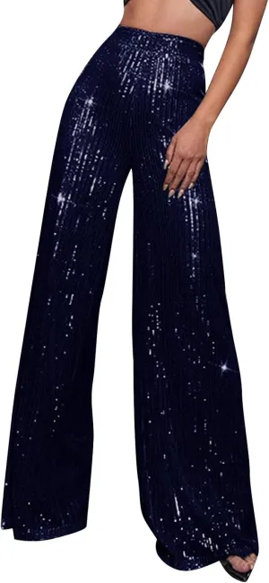 Women's Dressy Fashion Casual Solid Color High Waist Sequin Side Zipper Draped Wide Leg Loose Fit Pants