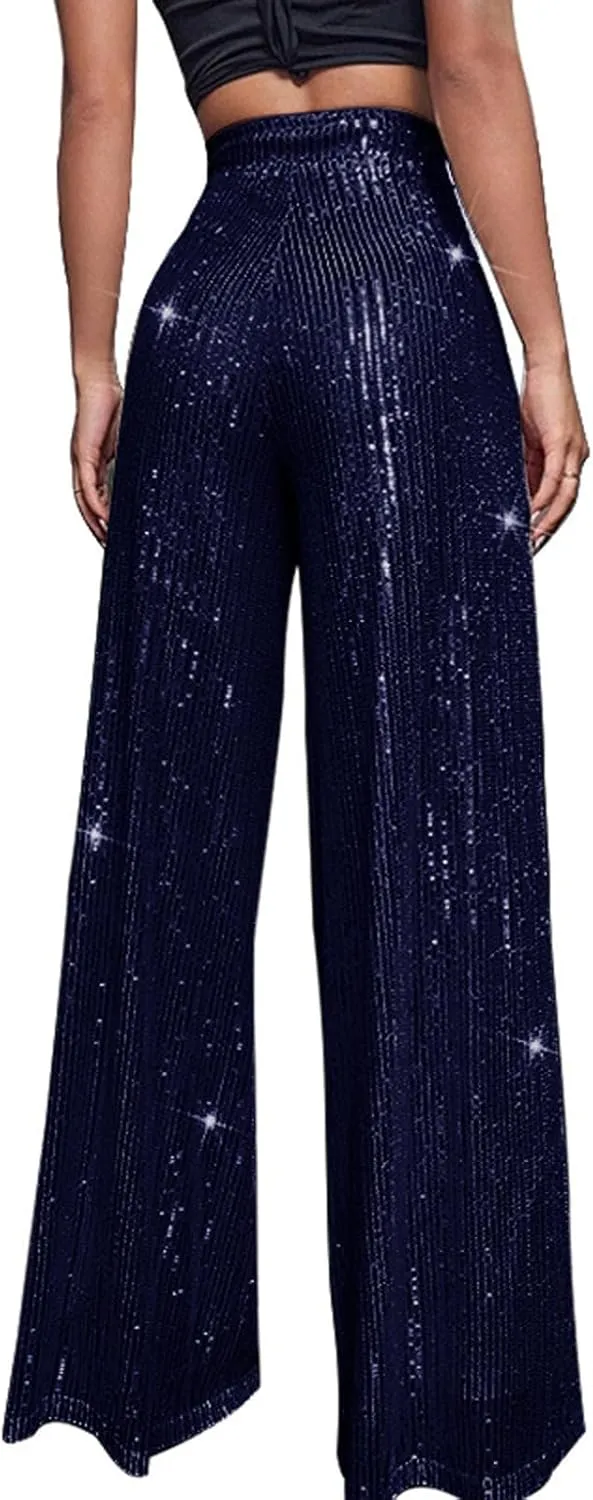 Women's Dressy Fashion Casual Solid Color High Waist Sequin Side Zipper Draped Wide Leg Loose Fit Pants