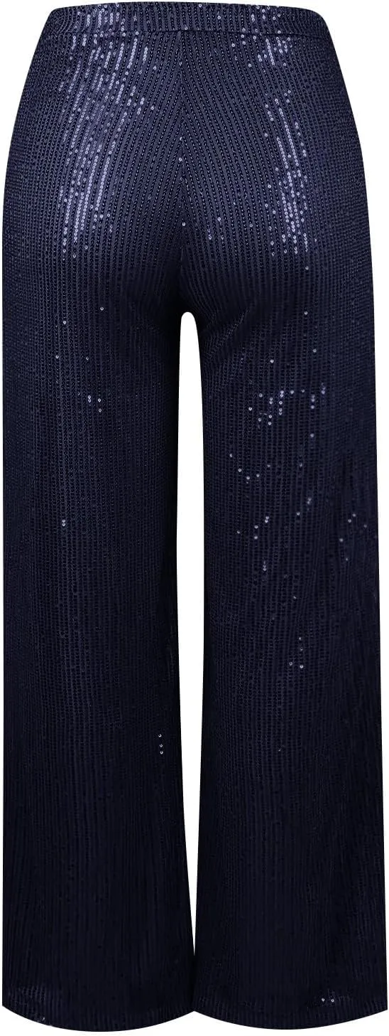Women's Dressy Fashion Casual Solid Color High Waist Sequin Side Zipper Draped Wide Leg Loose Fit Pants