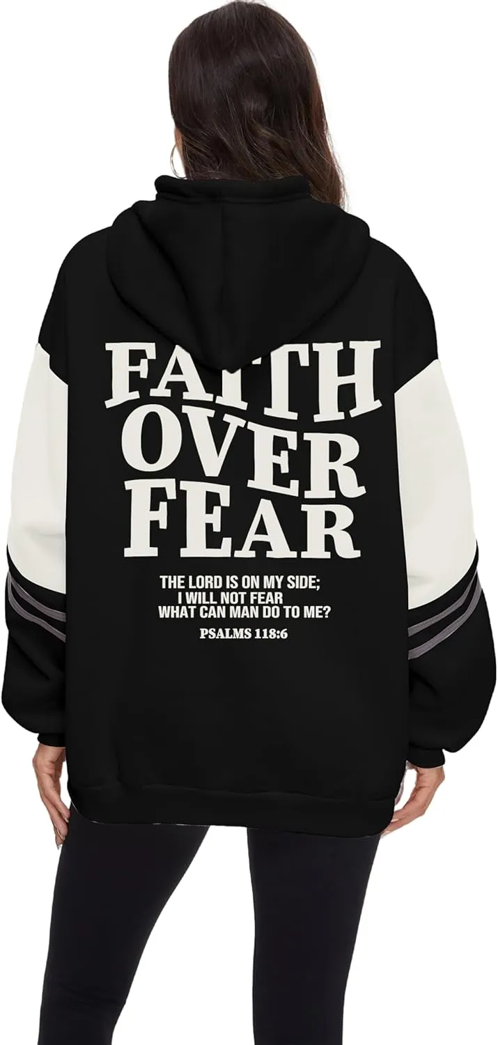 Women's Faith Over Fear Graphic Hoodie Christian Jesus Inspirational Sweatshirt Religious Sayings Pullover Tops