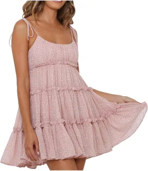 Womens Floral Mini Dress 2025 Boho Summer Spaghetti Strap Skater Dresses Sexy Sleeveless Ruffle Flowy Swing Tiered Dress