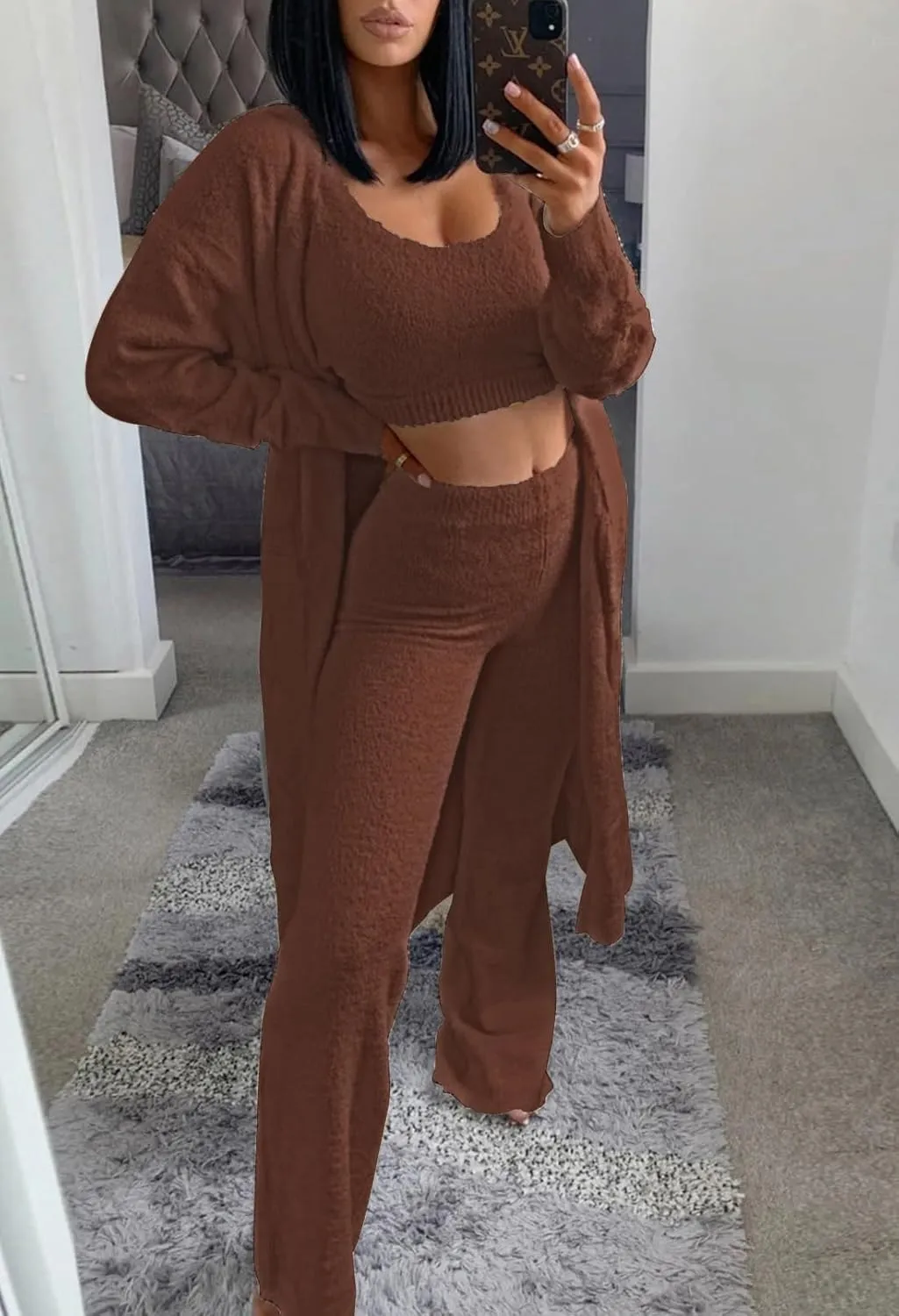Women's Fuzzy 3 Piece Sweatsuit Open Front Cardigan Crop Tank Tops Wide Legs Pants Lounge Sets