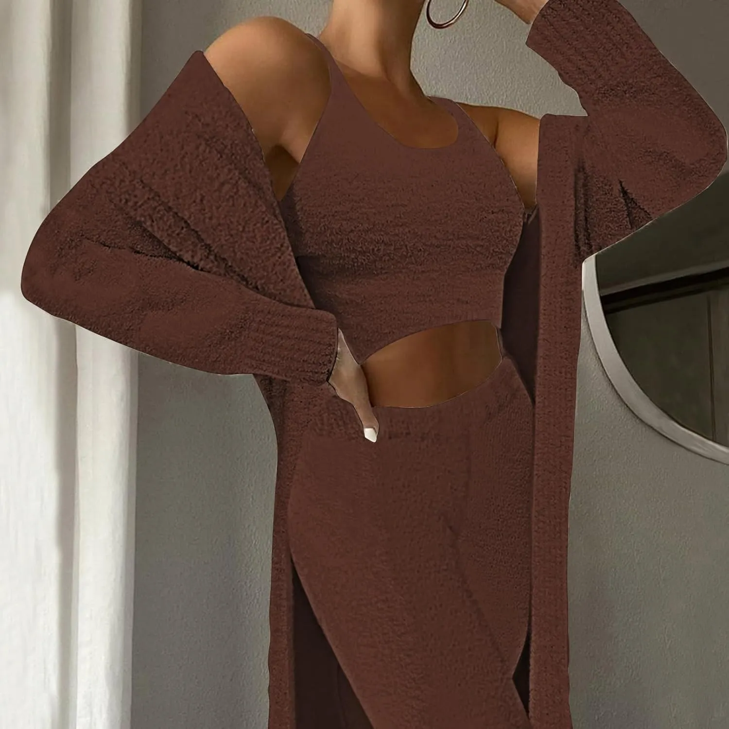 Women's Fuzzy 3 Piece Sweatsuit Open Front Cardigan Crop Tank Tops Wide Legs Pants Lounge Sets