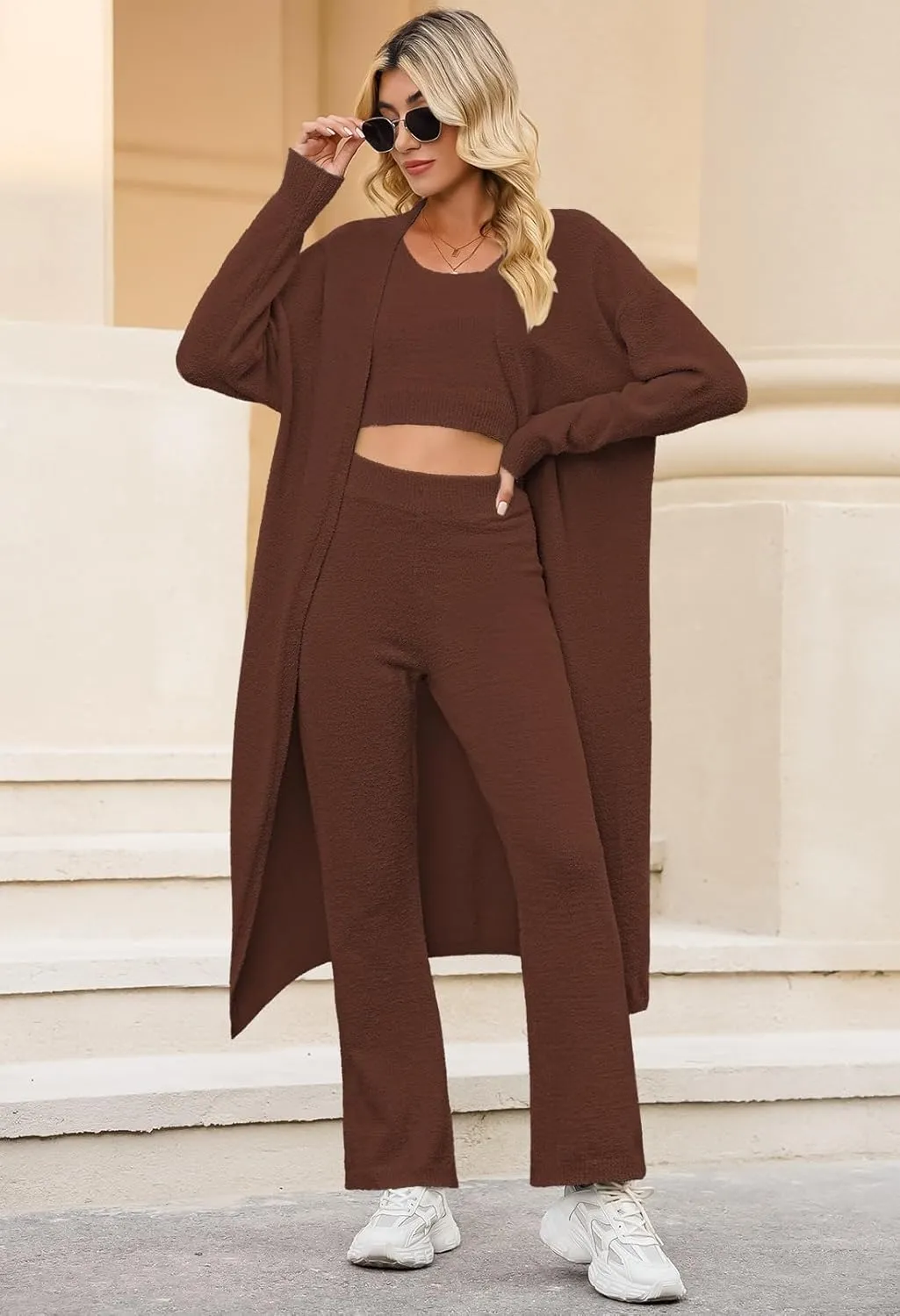 Women's Fuzzy 3 Piece Sweatsuit Open Front Cardigan Crop Tank Tops Wide Legs Pants Lounge Sets