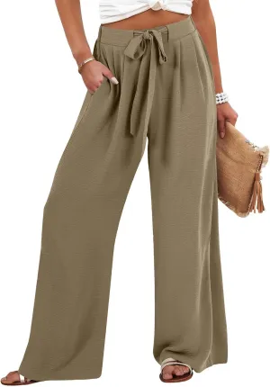 Women's High Waist Adjustable Tie Knot Flowing Wide Leg Dressy Casual Loose Fit Fashion Pants