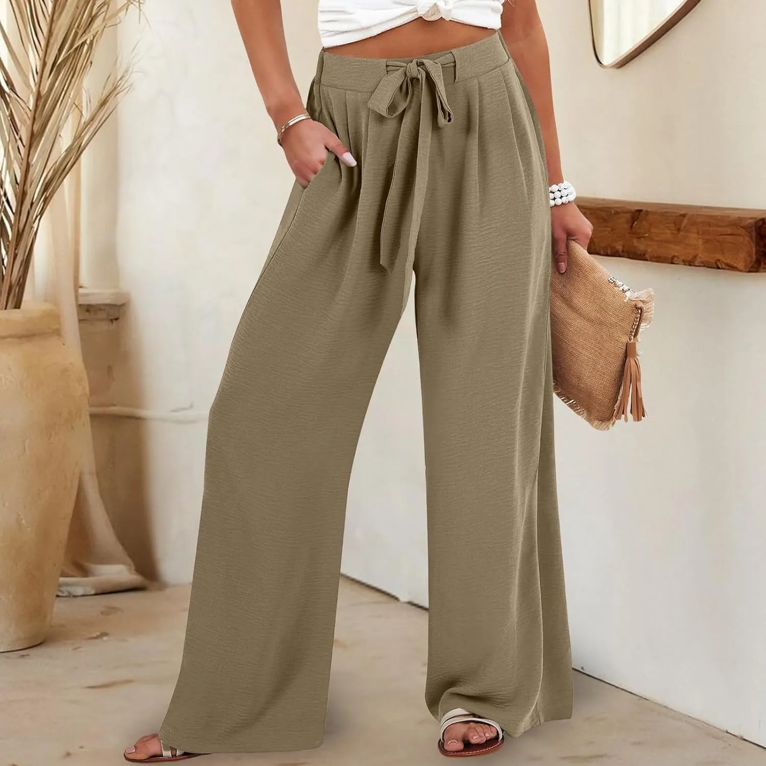 Women's High Waist Adjustable Tie Knot Flowing Wide Leg Dressy Casual Loose Fit Fashion Pants
