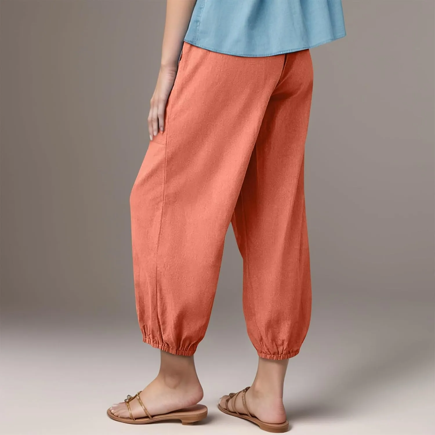 Women's High Waist Capri Baggy Drawstring Pants Cinch Bottom with Button Cotton Linen Loose Casual Trouser Pockets