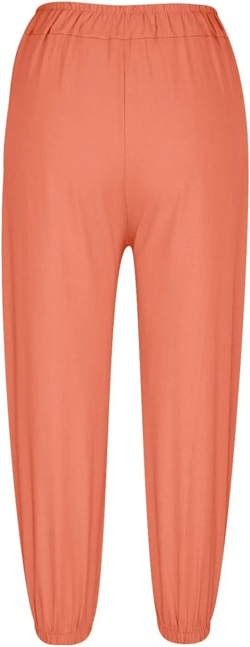 Women's High Waist Capri Baggy Drawstring Pants Cinch Bottom with Button Cotton Linen Loose Casual Trouser Pockets