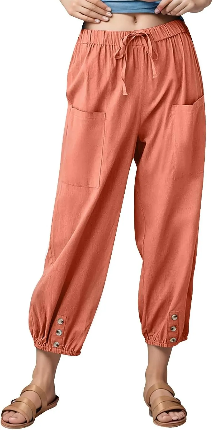 Women's High Waist Capri Baggy Drawstring Pants Cinch Bottom with Button Cotton Linen Loose Casual Trouser Pockets