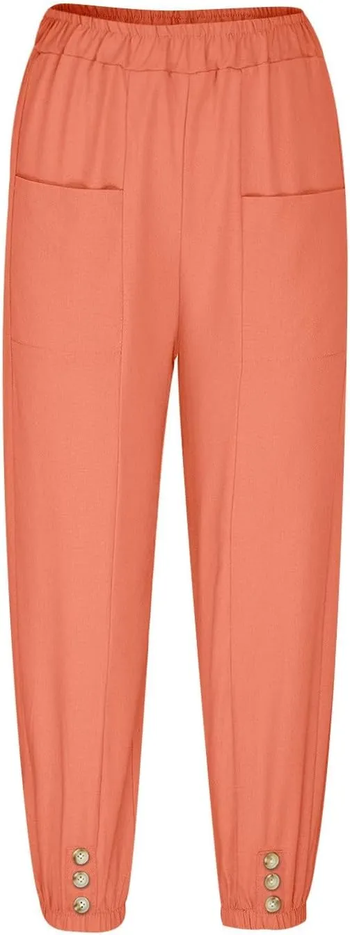Women's High Waist Capri Baggy Drawstring Pants Cinch Bottom with Button Cotton Linen Loose Casual Trouser Pockets