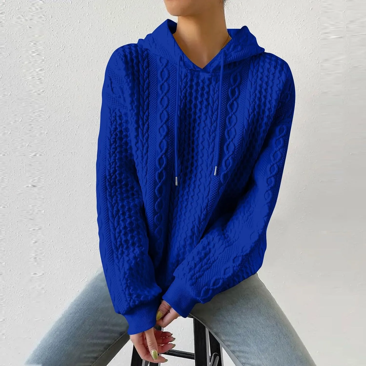 Women's Hoodie Long Sleeve Knit Solid Color Drawstring Sweatshirts 2024 Fall Winter Fashion Warm Pullover Hoodies
