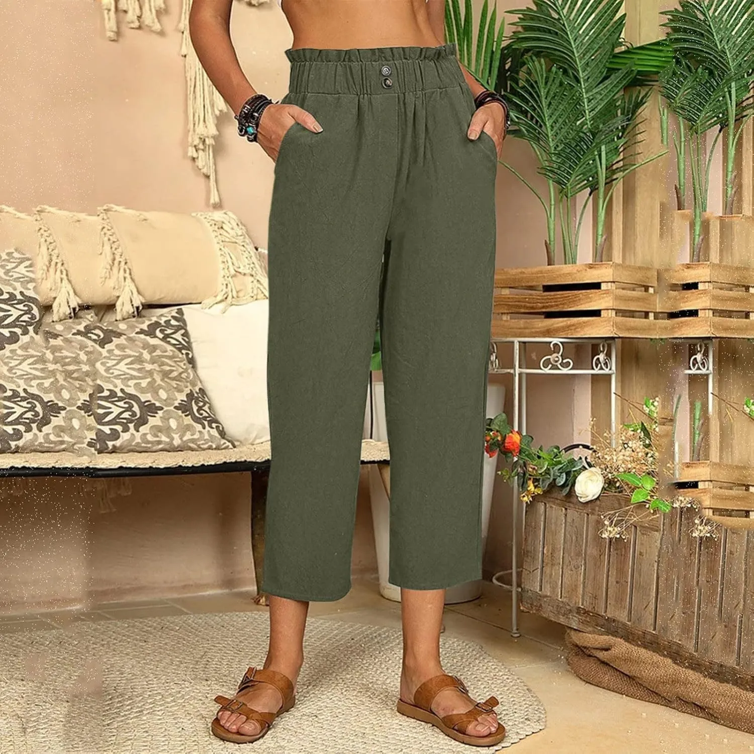 Womens Linen Blend Summer Boho Palazzo Lounge Pants Elastic Waist Baggy Stretchy Slim Fit Pants Travel