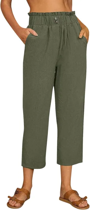 Womens Linen Blend Summer Boho Palazzo Lounge Pants Elastic Waist Baggy Stretchy Slim Fit Pants Travel