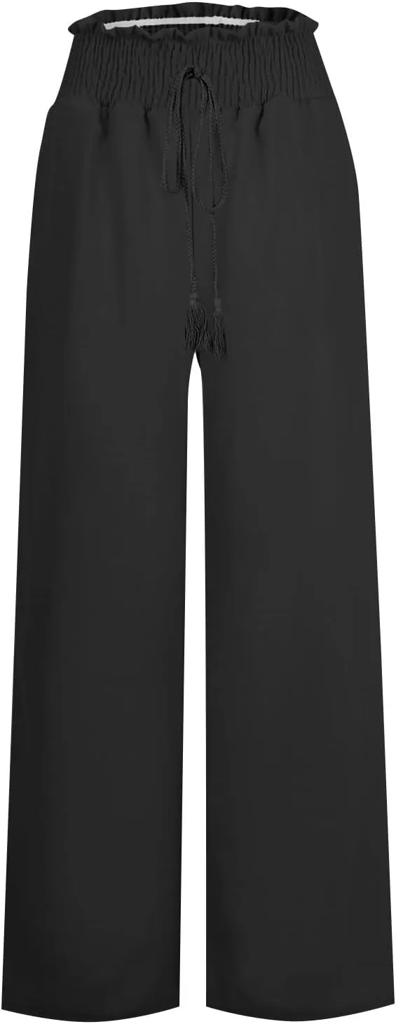Womens Linen Blend Summer Floral Palazzo Pants Elastic Waisted Stretchy Loose Fit Pant Trousers Vacation