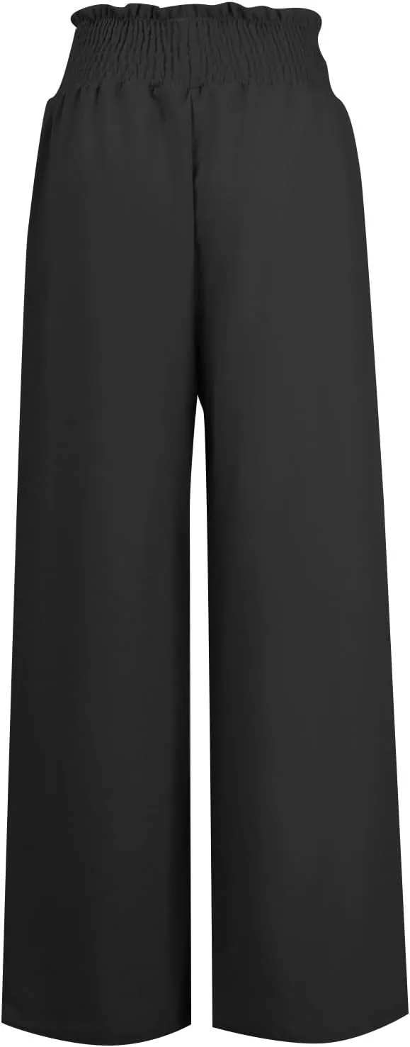 Womens Linen Blend Summer Floral Palazzo Pants Elastic Waisted Stretchy Loose Fit Pant Trousers Vacation