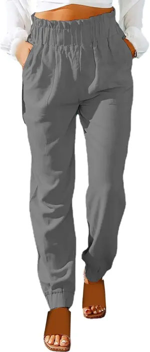 Women's Linen Blend Summer Flowy Pants Low Waist Stretchy Straight Slim Fit Palazzo Pants Work Business