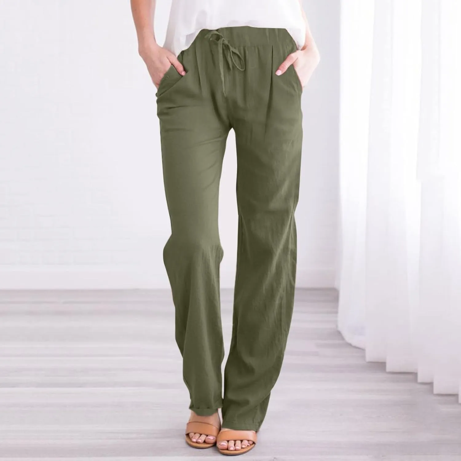 Women's Linen Blend Summer Lightweigt Pants Low Waist Baggy Stretchy Slim Fit Trousers Work Business