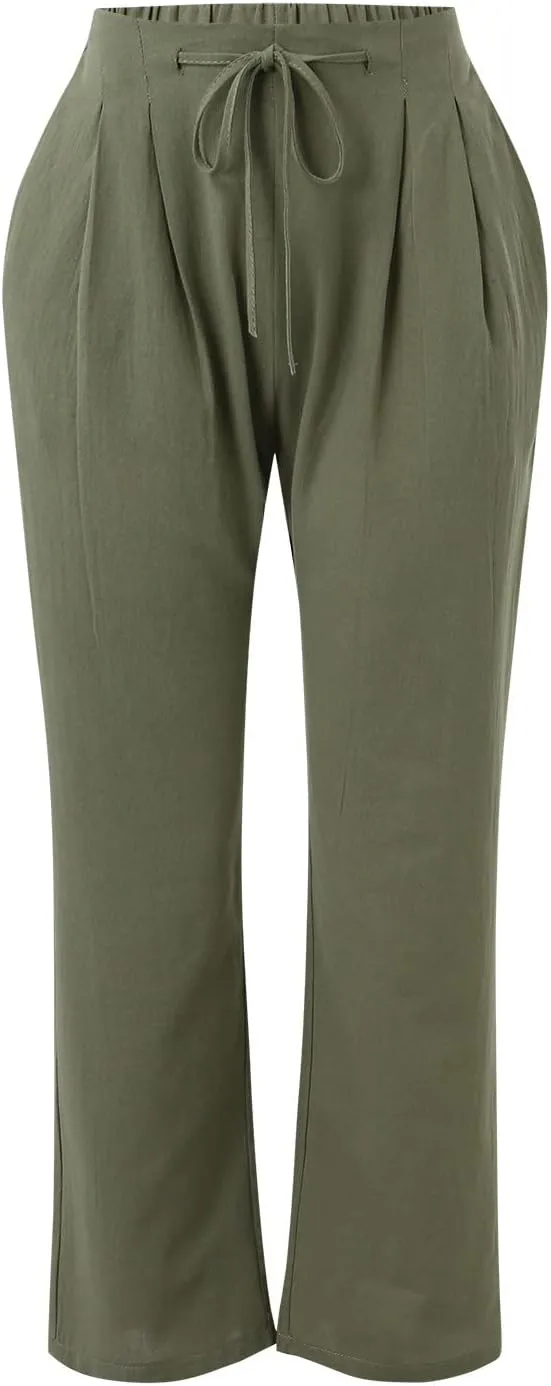 Women's Linen Blend Summer Lightweigt Pants Low Waist Baggy Stretchy Slim Fit Trousers Work Business