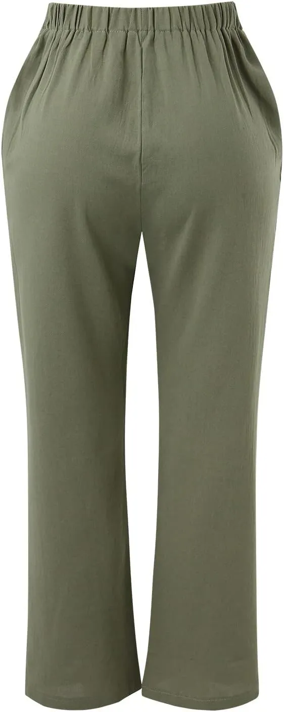 Women's Linen Blend Summer Lightweigt Pants Low Waist Baggy Stretchy Slim Fit Trousers Work Business