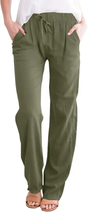 Women's Linen Blend Summer Lightweigt Pants Low Waist Baggy Stretchy Slim Fit Trousers Work Business