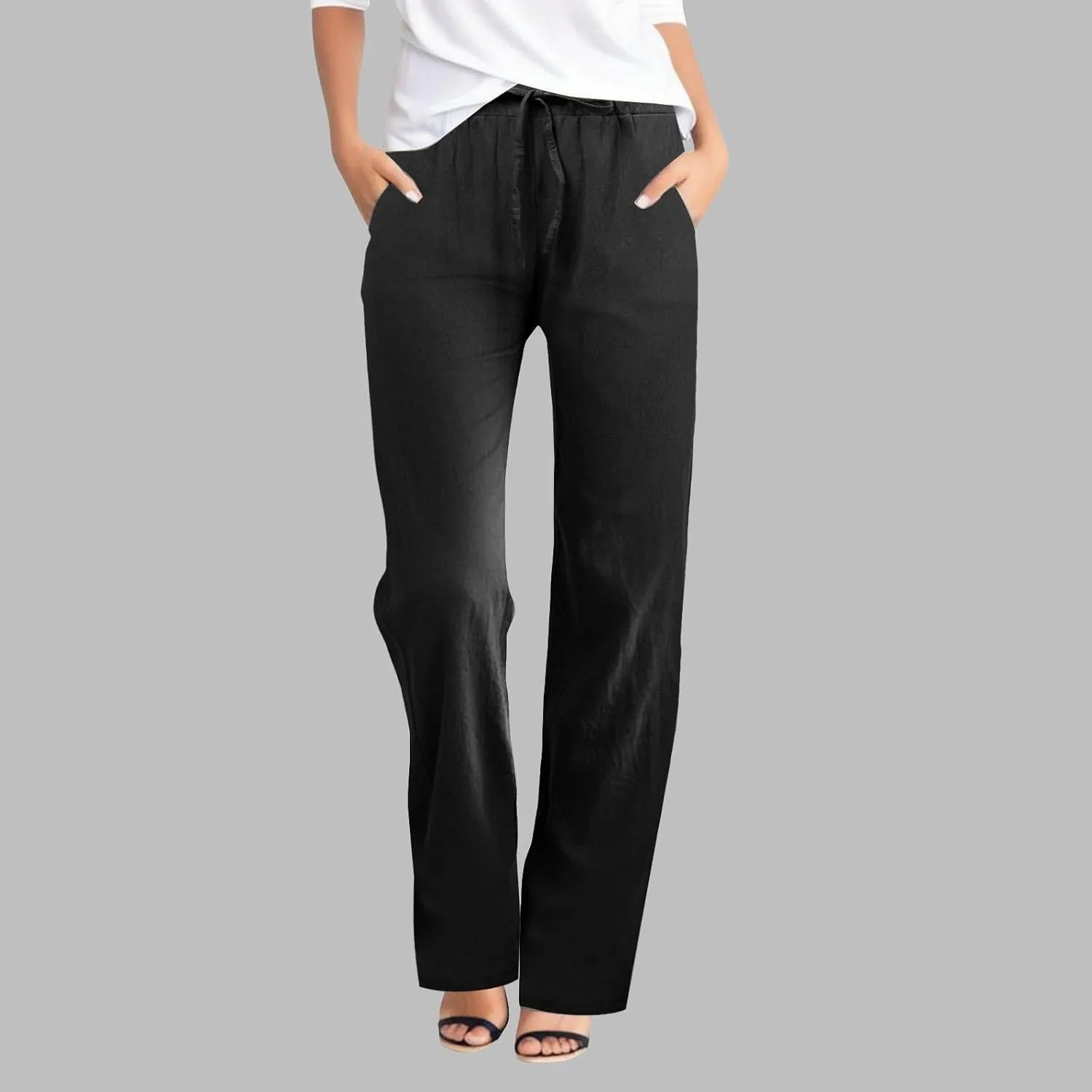 Womens Linen Blend Summer Y2K Fashion Palazzo Lounge Pants Elastic Waist Stretchy Slim Fit Trouser Business Work