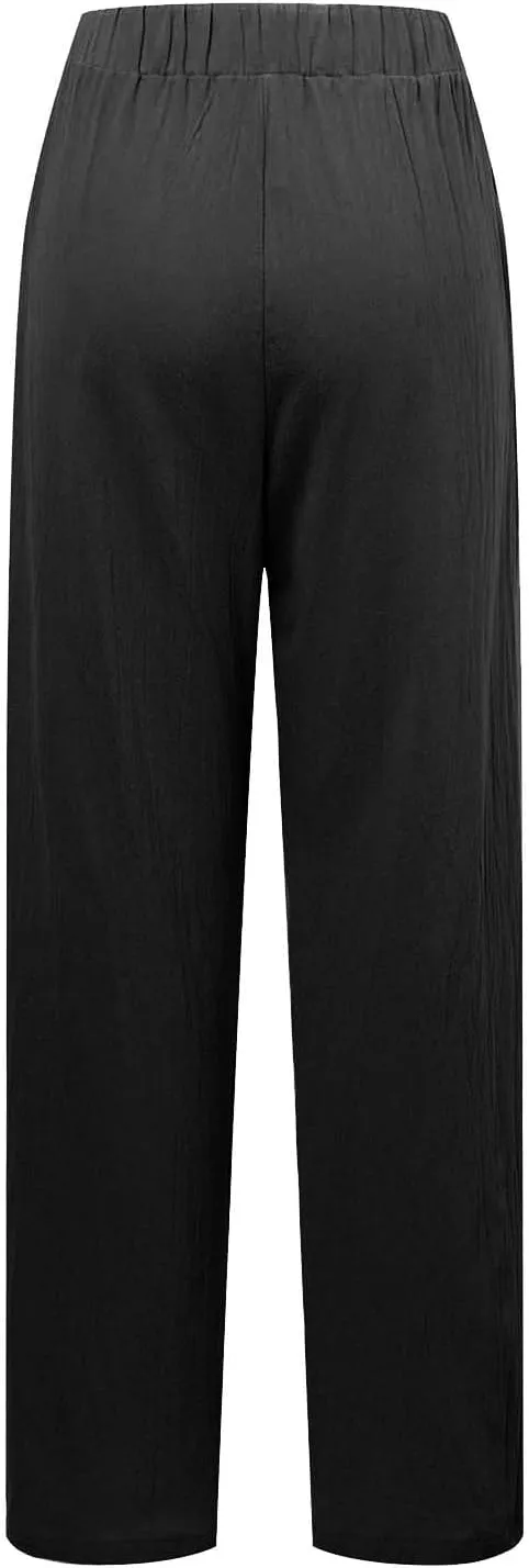 Womens Linen Blend Summer Y2K Fashion Palazzo Lounge Pants Elastic Waist Stretchy Slim Fit Trouser Business Work