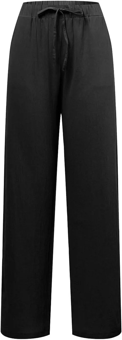 Womens Linen Blend Summer Y2K Fashion Palazzo Lounge Pants Elastic Waist Stretchy Slim Fit Trouser Business Work