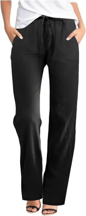 Womens Linen Blend Summer Y2K Fashion Palazzo Lounge Pants Elastic Waist Stretchy Slim Fit Trouser Business Work
