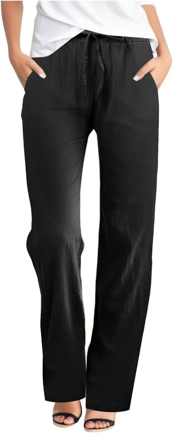 Womens Linen Blend Summer Y2K Fashion Palazzo Lounge Pants Elastic Waist Stretchy Slim Fit Trouser Business Work