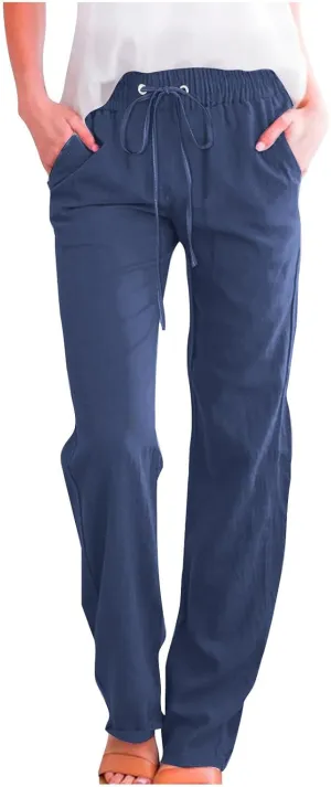 Womens Linen Cotton Solid Pants Drawstring Elastic Waisted Straight Leg Pant Summer Travel Casual Trousers