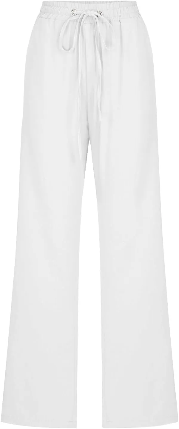 Womens Linen Cotton Solid Pants Drawstring Elastic Waisted Straight Leg Pant Summer Travel Casual Trousers