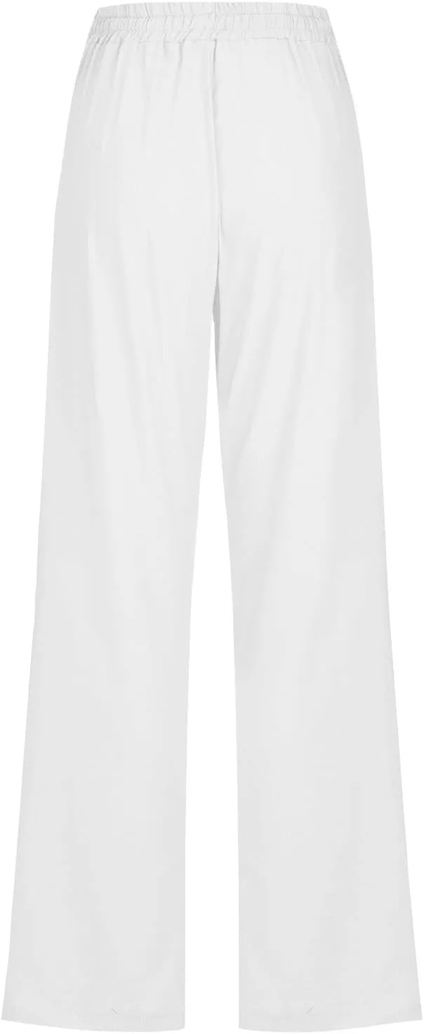 Womens Linen Cotton Solid Pants Drawstring Elastic Waisted Straight Leg Pant Summer Travel Casual Trousers