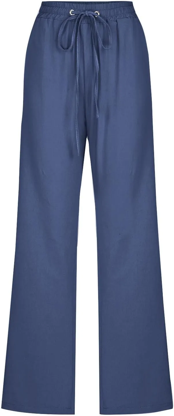Womens Linen Cotton Solid Pants Drawstring Elastic Waisted Straight Leg Pant Summer Travel Casual Trousers
