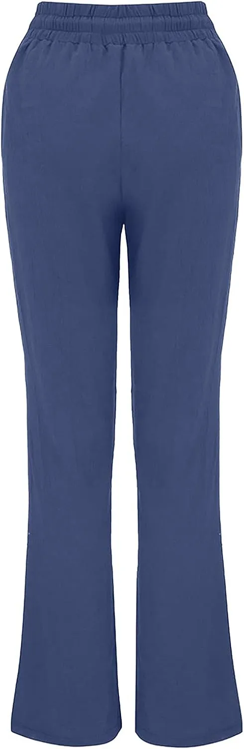 Womens Linen Pants Casual Straight Pants Drawstring Elastic Waist Long Pants Plus Size Comfy Summer Jogger Trousers