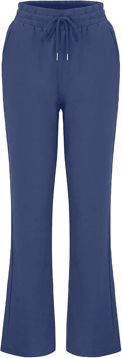 Womens Linen Pants Casual Straight Pants Drawstring Elastic Waist Long Pants Plus Size Comfy Summer Jogger Trousers
