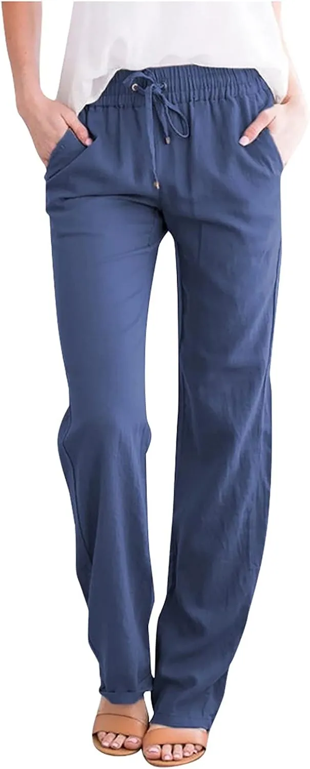 Womens Linen Pants Casual Straight Pants Drawstring Elastic Waist Long Pants Plus Size Comfy Summer Jogger Trousers