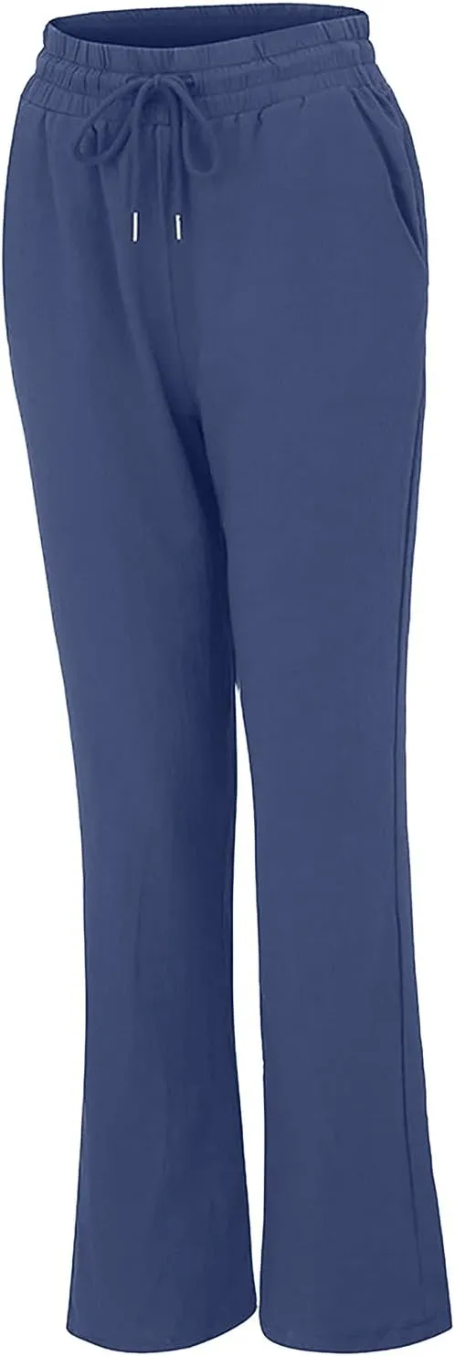 Womens Linen Pants Casual Straight Pants Drawstring Elastic Waist Long Pants Plus Size Comfy Summer Jogger Trousers