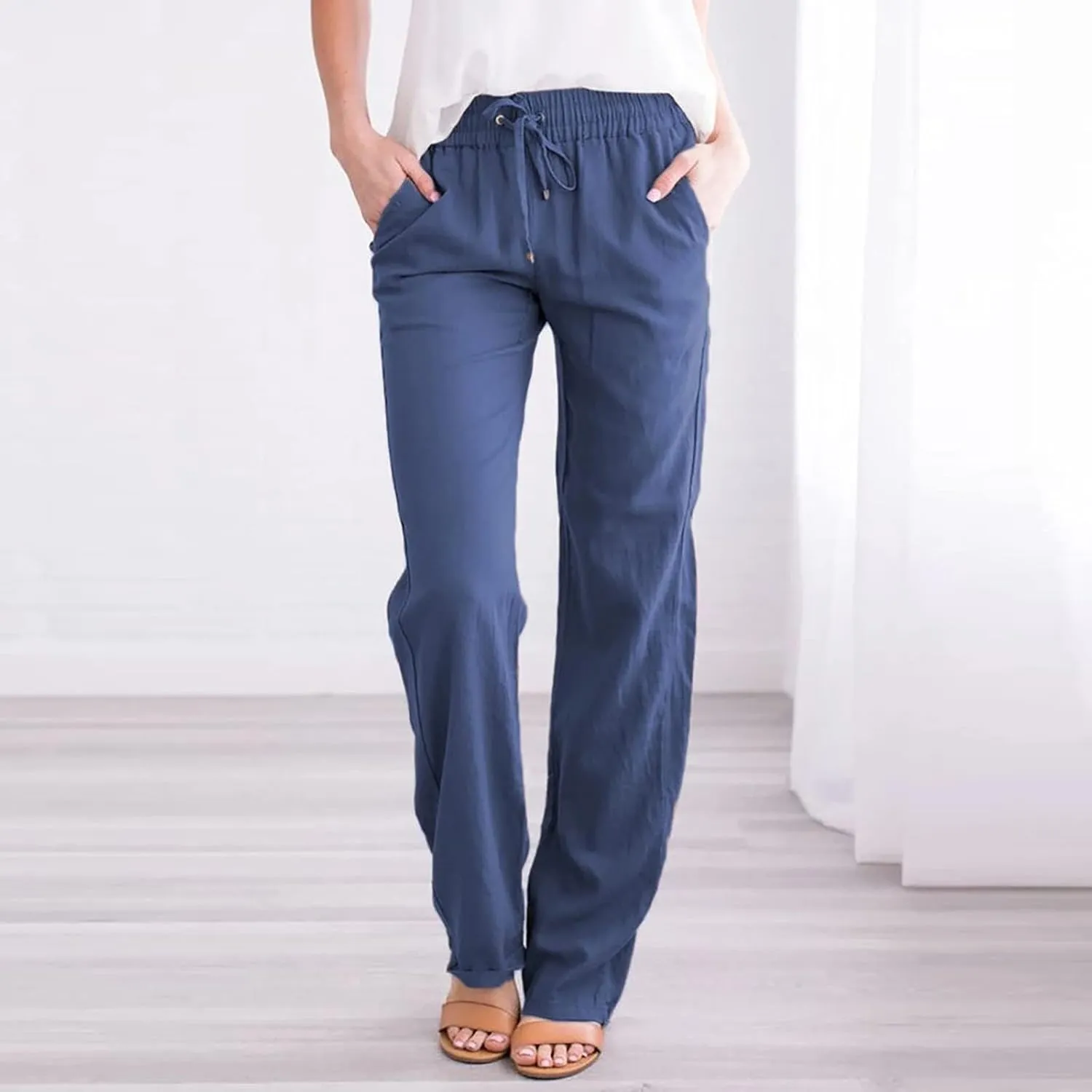 Womens Linen Pants Casual Straight Pants Drawstring Elastic Waist Long Pants Plus Size Comfy Summer Jogger Trousers