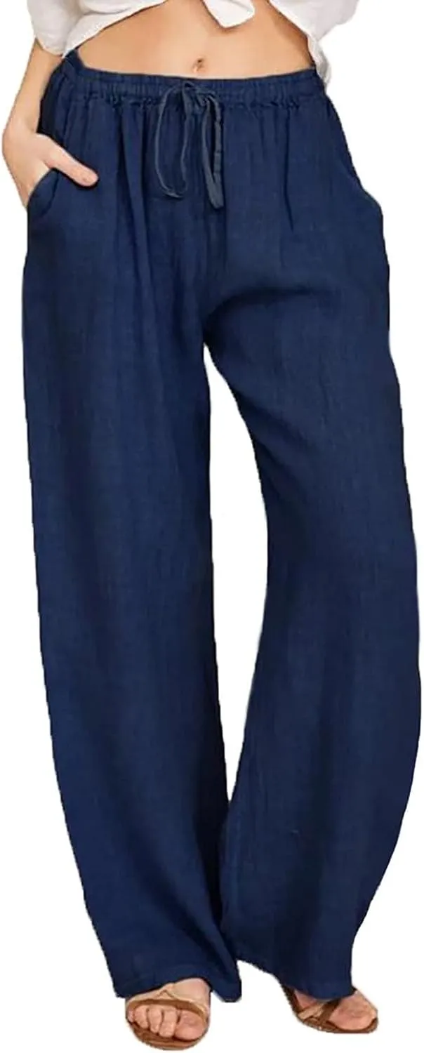 Womens Linen Pants Drawstring High Waist Casual Loose Fit Beach Pants Trendy Boho Straight Leg Trousers with Pockets