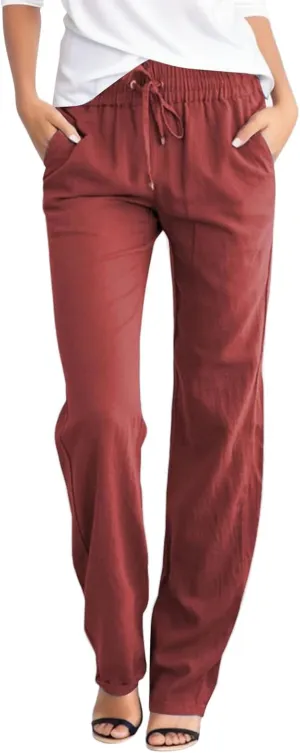 Womens Linen Pants Straight Leg High Waist Casual Pants Loose Fit Yoga Pants Summer Lightweight Trousers with Pockets