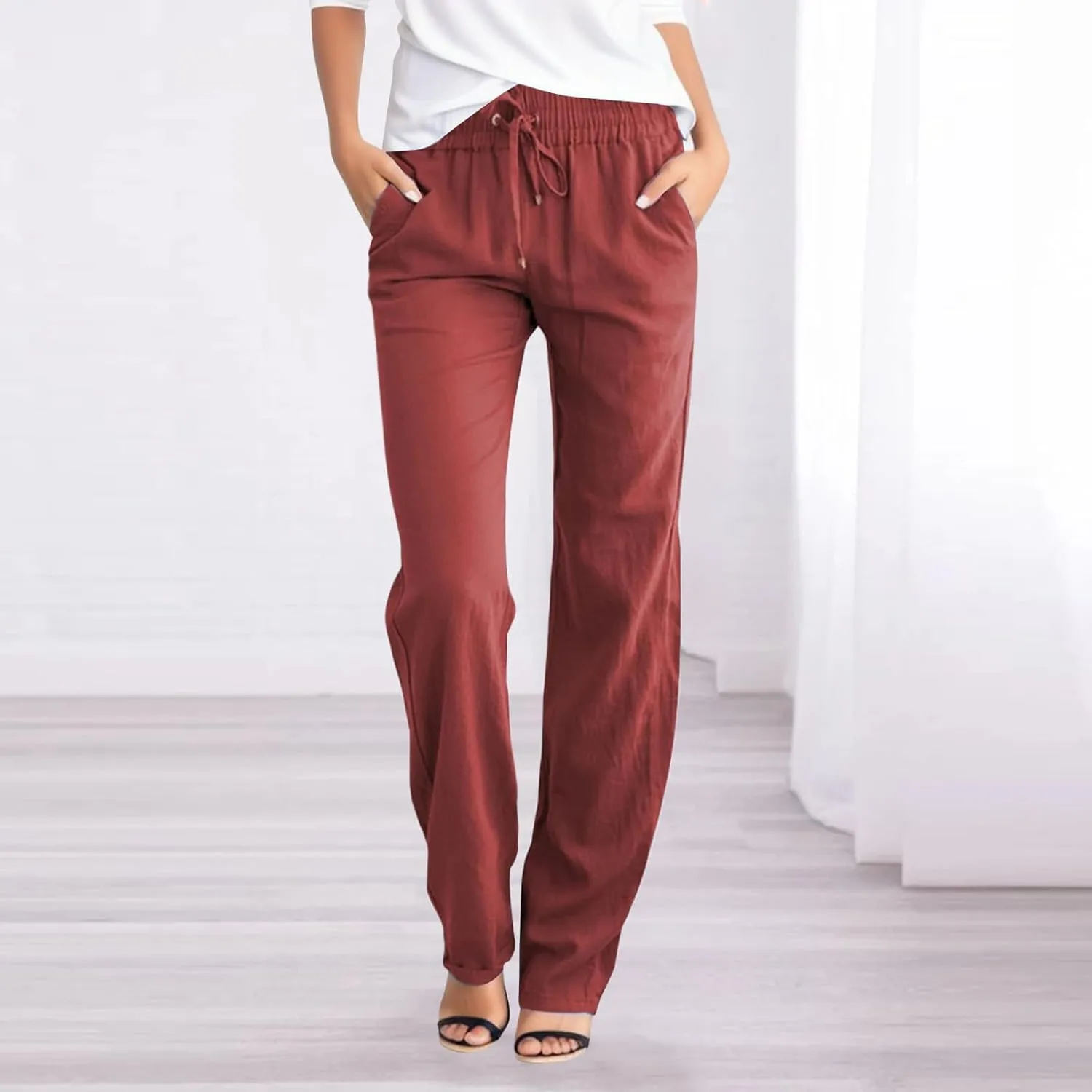 Womens Linen Pants Straight Leg High Waist Casual Pants Loose Fit Yoga Pants Summer Lightweight Trousers with Pockets