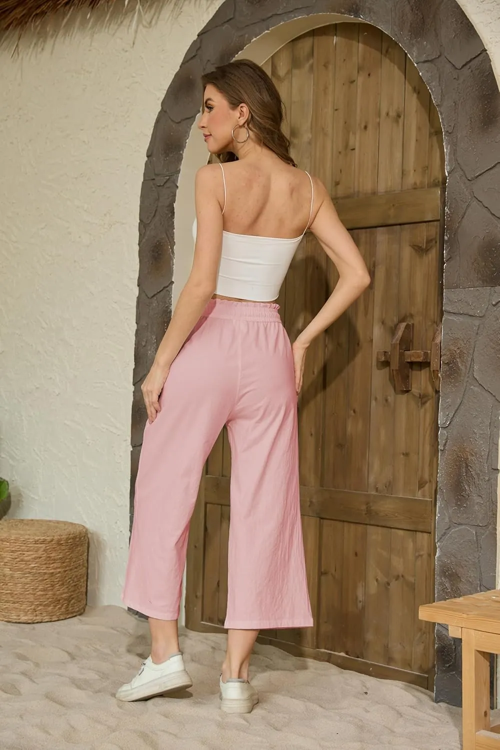 Womens Linen Pants Wide Leg High Waisted Drawstring Casual Loose Beach Pants with Pockets